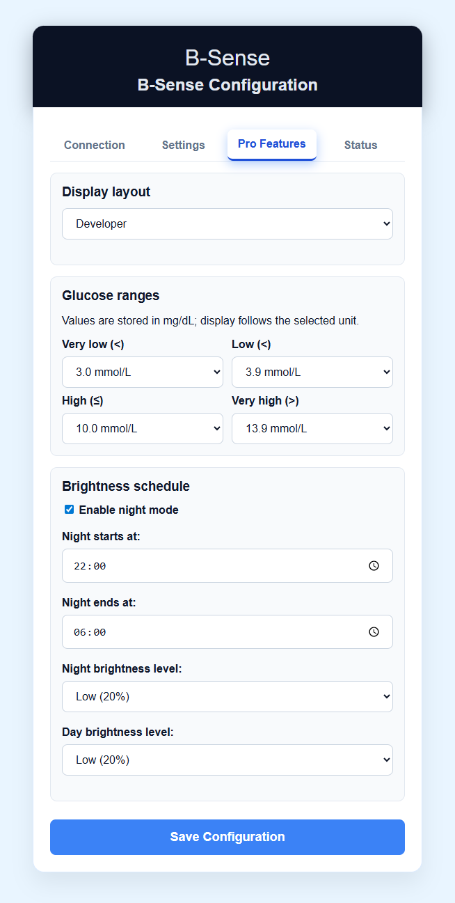 User Manual B-Sense web setup pro features tab