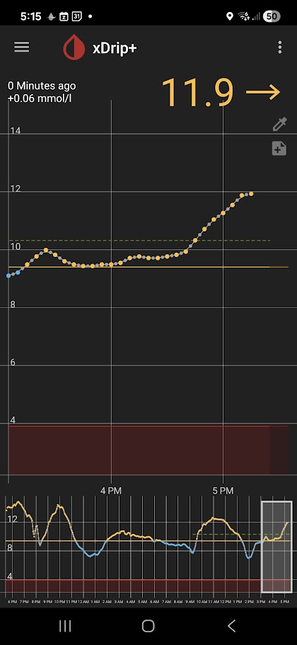 xDrip app showing glucose and trend